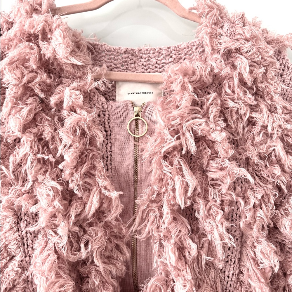 Anthropologie NWT Bubble Textured Sweater Jacket Sz L Pink Rose 2 way Zip BOHO - Picture 3 of 14